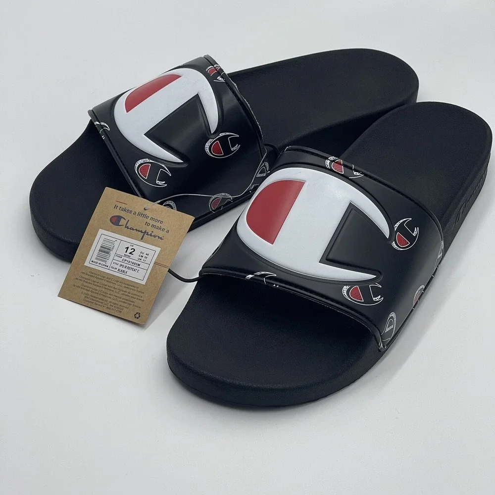 Champion IPO Repeat C Mens Black White Red Logo Slide Sandals CP101605M‎ Size 12